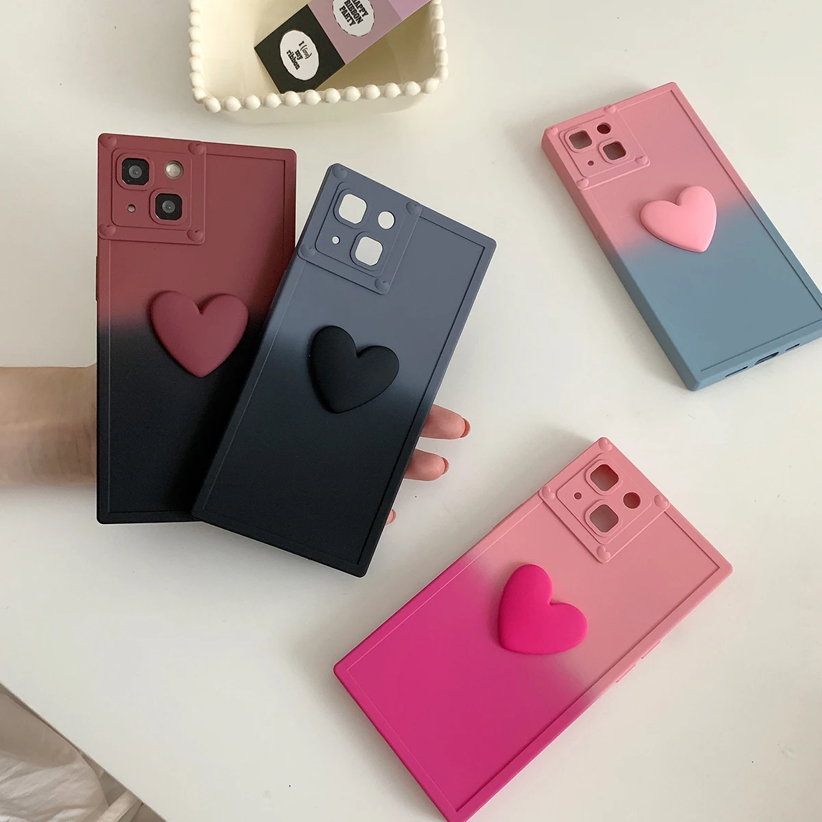 

Cute 3D Hearts Gradient Soft Silicone Back Cover For iPhone 14 13 12 11 Pro Max Shockproof Square Love Cell Phone Case For Girls