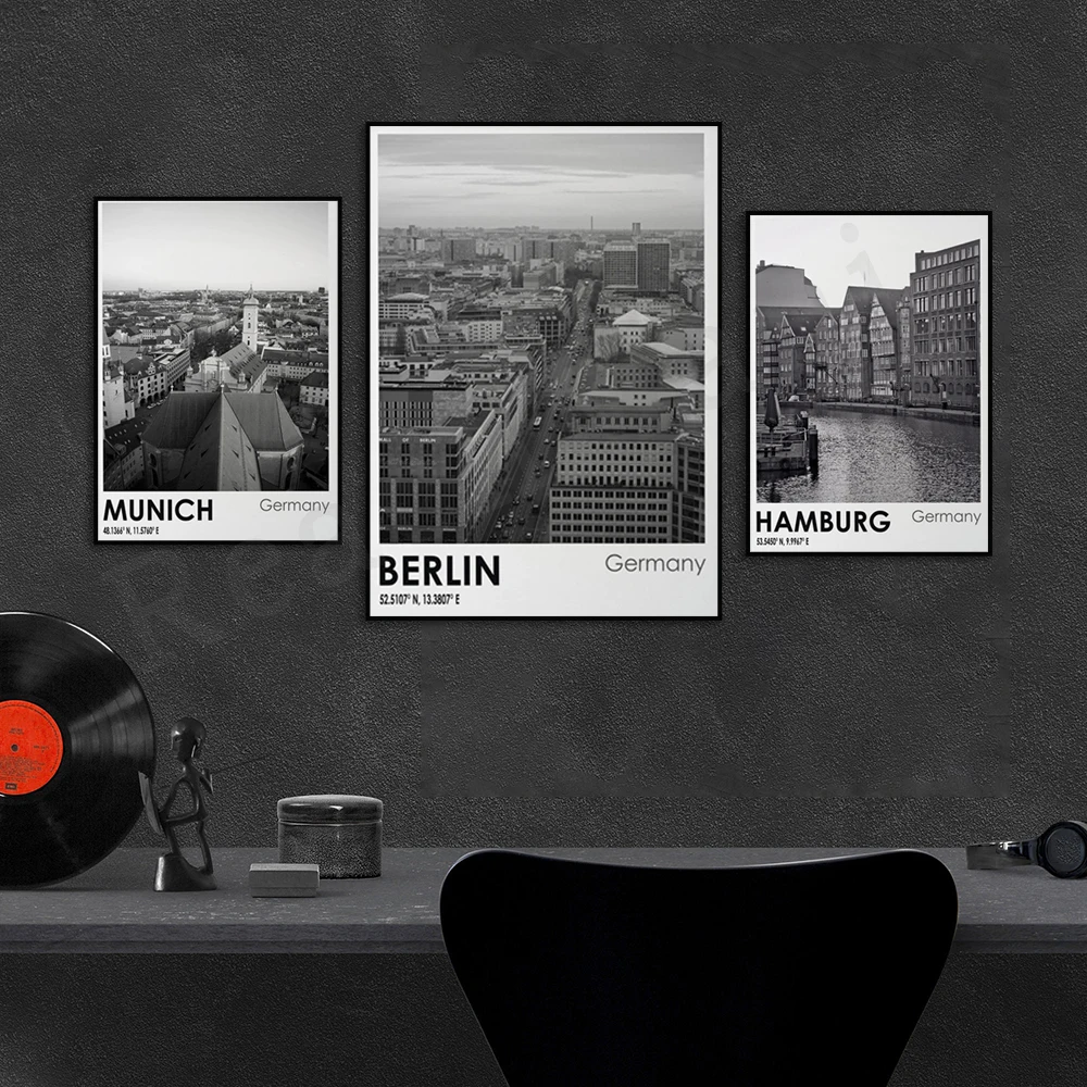 Berlin Munich and Hamburg Germany city travel photo black and white art poster decoration canvas print picture