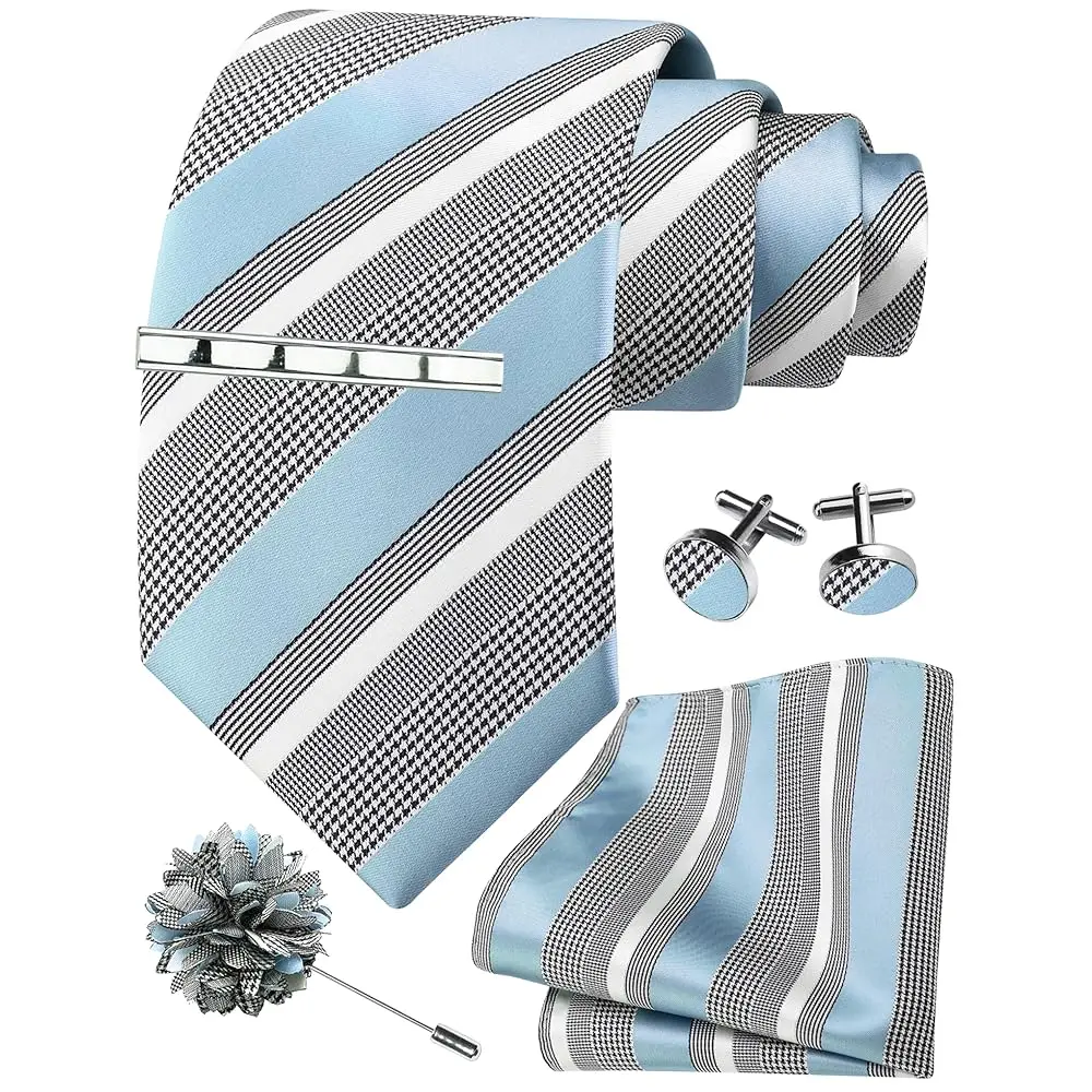 GUSLESON - Juego de Corbata a Rayas para Hombre, Corbata y Pañuelo de Bolsillo, Pinza para Corbata, Gemelos, Pin para Solapa, con Caja de Regalo, 5 Piezas