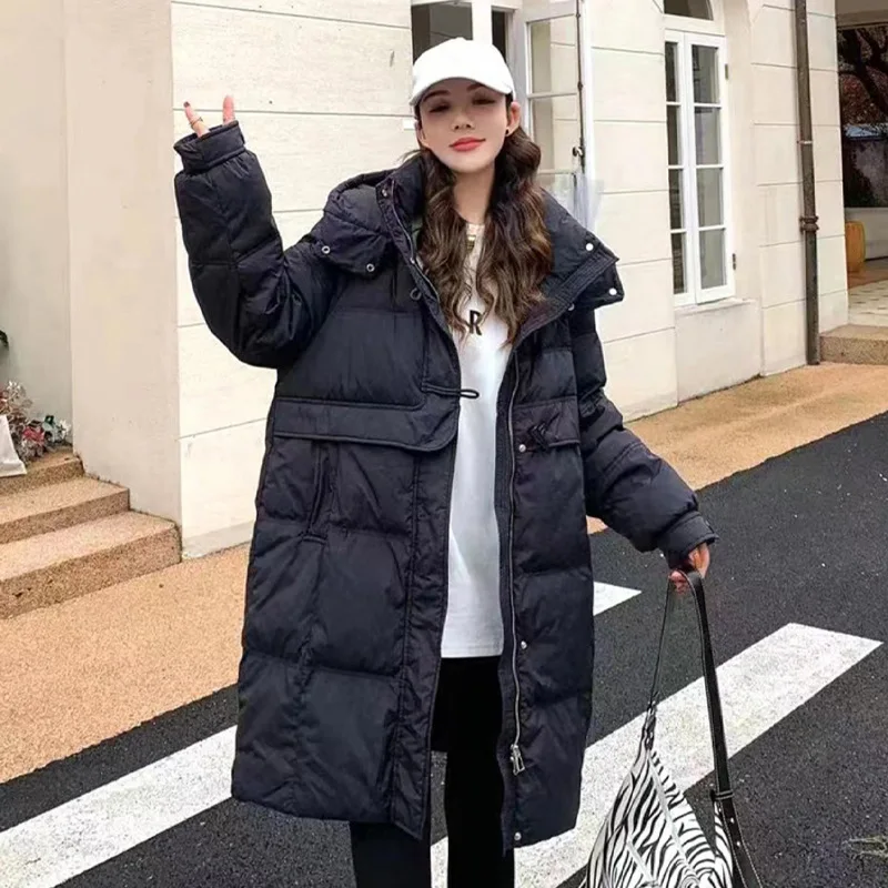 New Women's Mid-Length Down Jacket Winter Hooded Coat Korean Style White Duck Down Padded Warm Puffer Jacket Woman JK-157