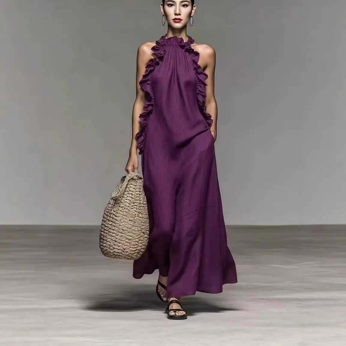 Halterneck mouwloze jurk met ruches Zomer dames effen kleur casual losse lange jurk met zakken Платье Женское Ropa Mujer