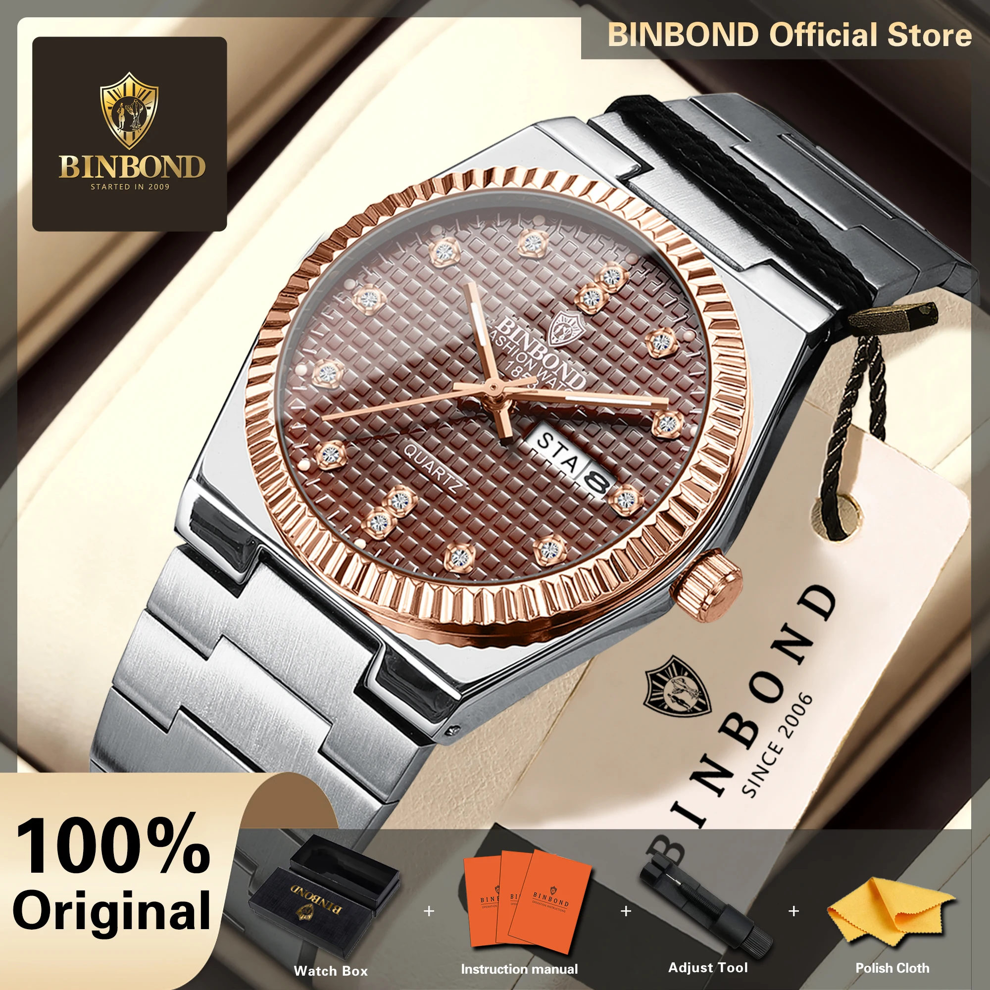 BINBOND Quartz Watches For Men Luxury Luminous Waterproof Men's Watch Stainless Steel Reloj Montres Hommes Original Luxe +Box