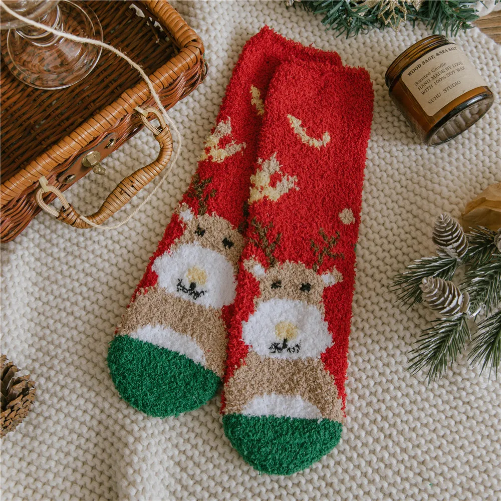 الشتاء المرجان المخملية عيد الميلاد الجوارب النسائية لينة سميكة الدافئة الكرتون لطيف سانتا كلوز الاطفال هدية الكريسماس الطابق النوم الجوارب