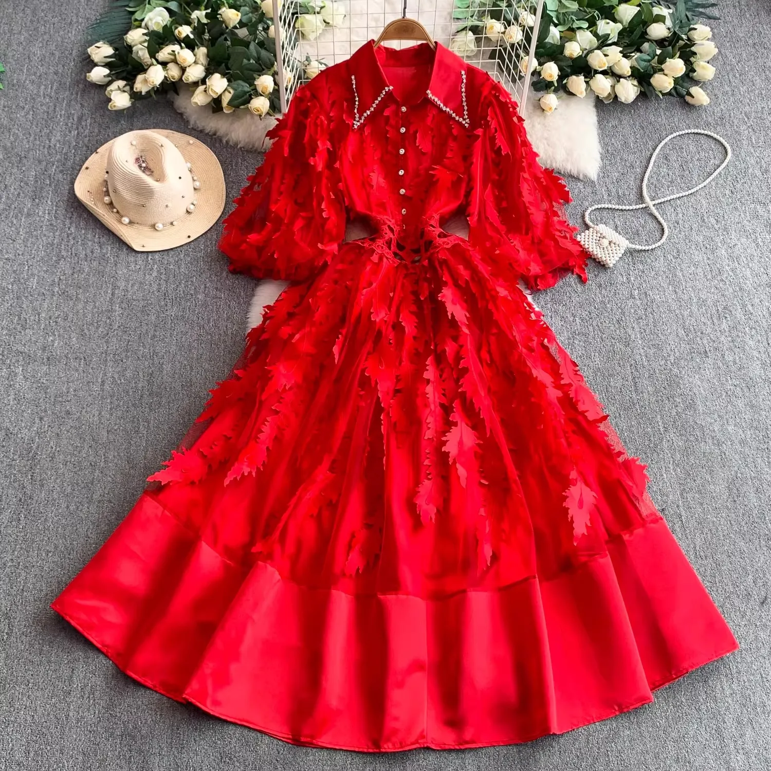 Luxury Embroidery Diamonds Prom Party Dress Women's Lapel Lantern Sleeve Hollow Out Mesh Patchwork Slim Waist Casual Clothing