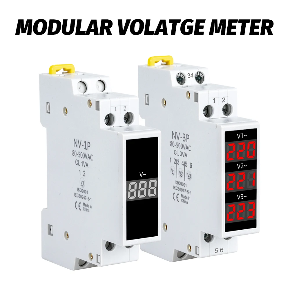 18mm Din Rail AC Voltage Meter  80-500V 220V 380V Single Three Phase Modular Voltmeter Indicator LED Digital Display Detector