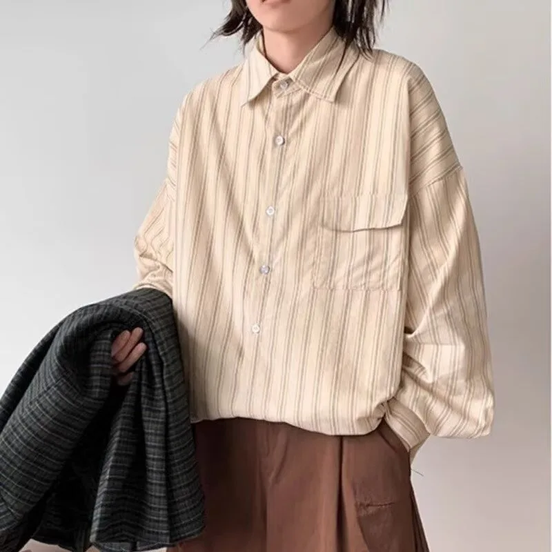 

Loose Casual Men's Long Sve Striped irt Autumn Winter Large Size 5kg Japanese Sle Workwear Outerwear Polyester Fiber