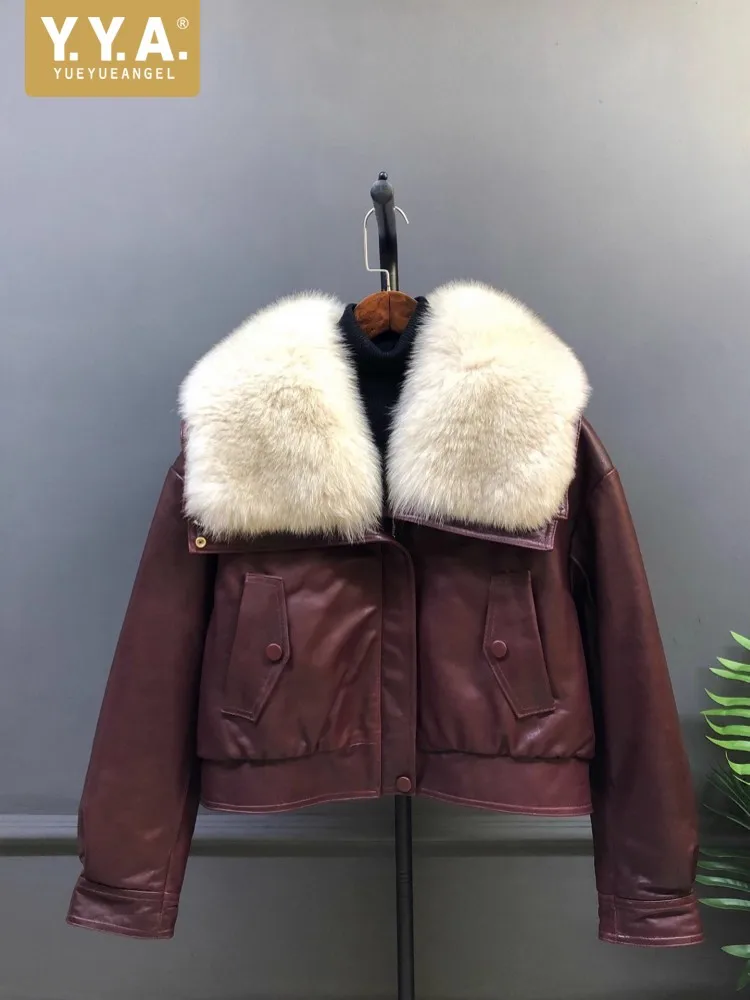 

Winter Women Warm Loose Fit Sheepskin Genuine Leather Down Jacket Real Sheep Fur Collar Fashion Outerwear Coats Thick Overcoat