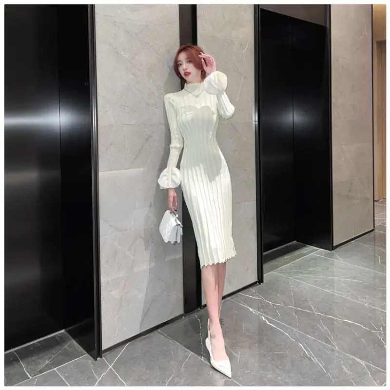 شتاء 2025 فستان بأكمام طويلة بلون وهمية الياقة المدورة البتلة كم التخسيس الخصر مزاجه بسيط نمط جديد وصول