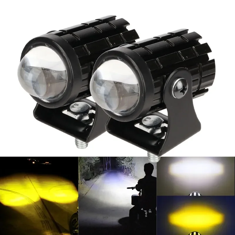 2pcs Motorcycle Mini LED Driving Headlights Dual Color White Yellow Auxiliary Spotlight Moto Fog light Accessories