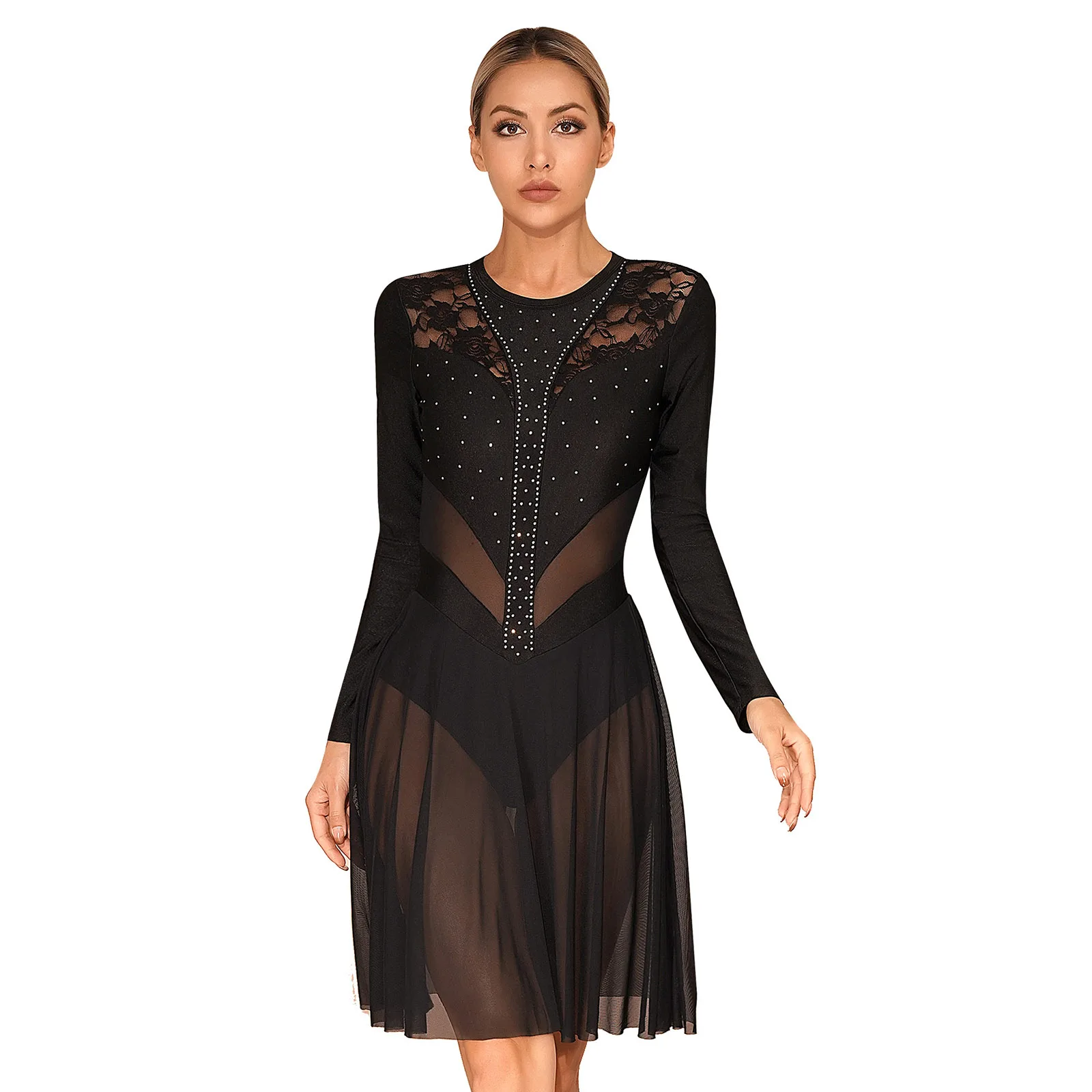 

Womens Floral Lace Sheer Mesh Long Sleeve Dresses Sparkly Rhinestone Keyhole Back Dance Dress Figure Skating Performance Costume