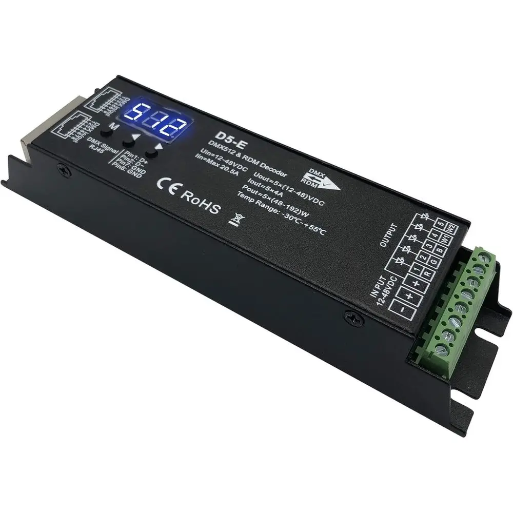 

5 Channel DMX Decoder with RDM Digital Display,DMX512 Dimmer Driver PWM RGBCCT LED Controller or RGBWW RGBW or 5group White ligh