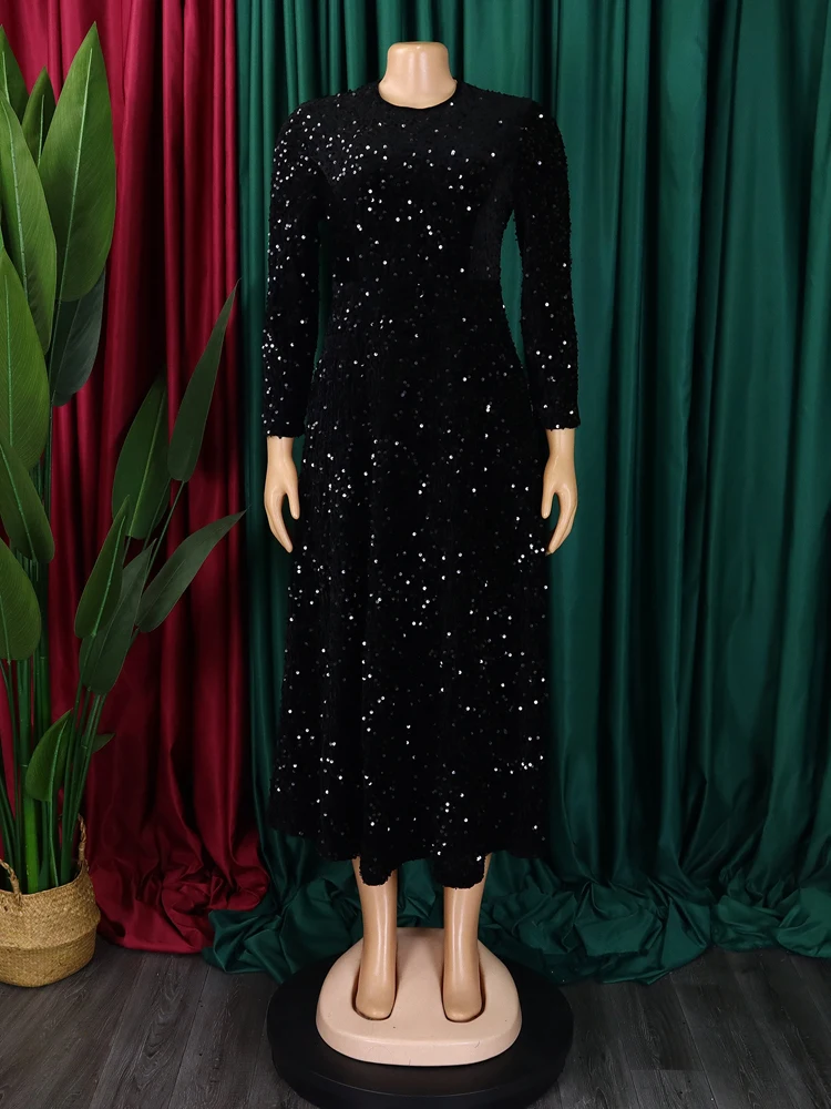 2024 Vintage-Mode Pailletten Frauen Kirche Swing Kleider Lange Hülse O-ansatz Hohe Taille Elegante Glitter Bankett Party Abendkleid – Detail 20
