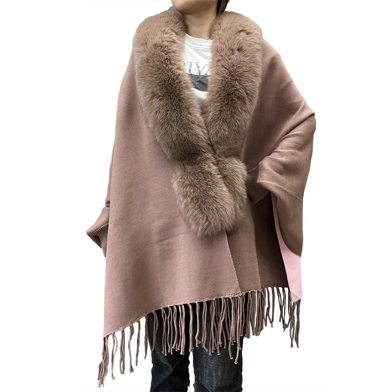 High Quality Knitted Sweater Fringe Shawls Capes Women Poncho with Real Fox Fur