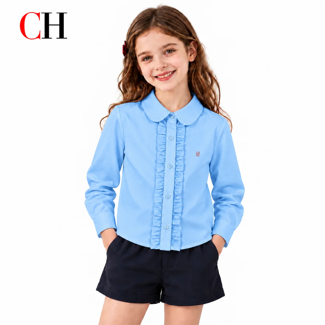 CH Children Button Down Shirt Long Sleeve Round Collar Ruffle Placket Breathable Woven Material Small Chest Embroidery Kids Wear