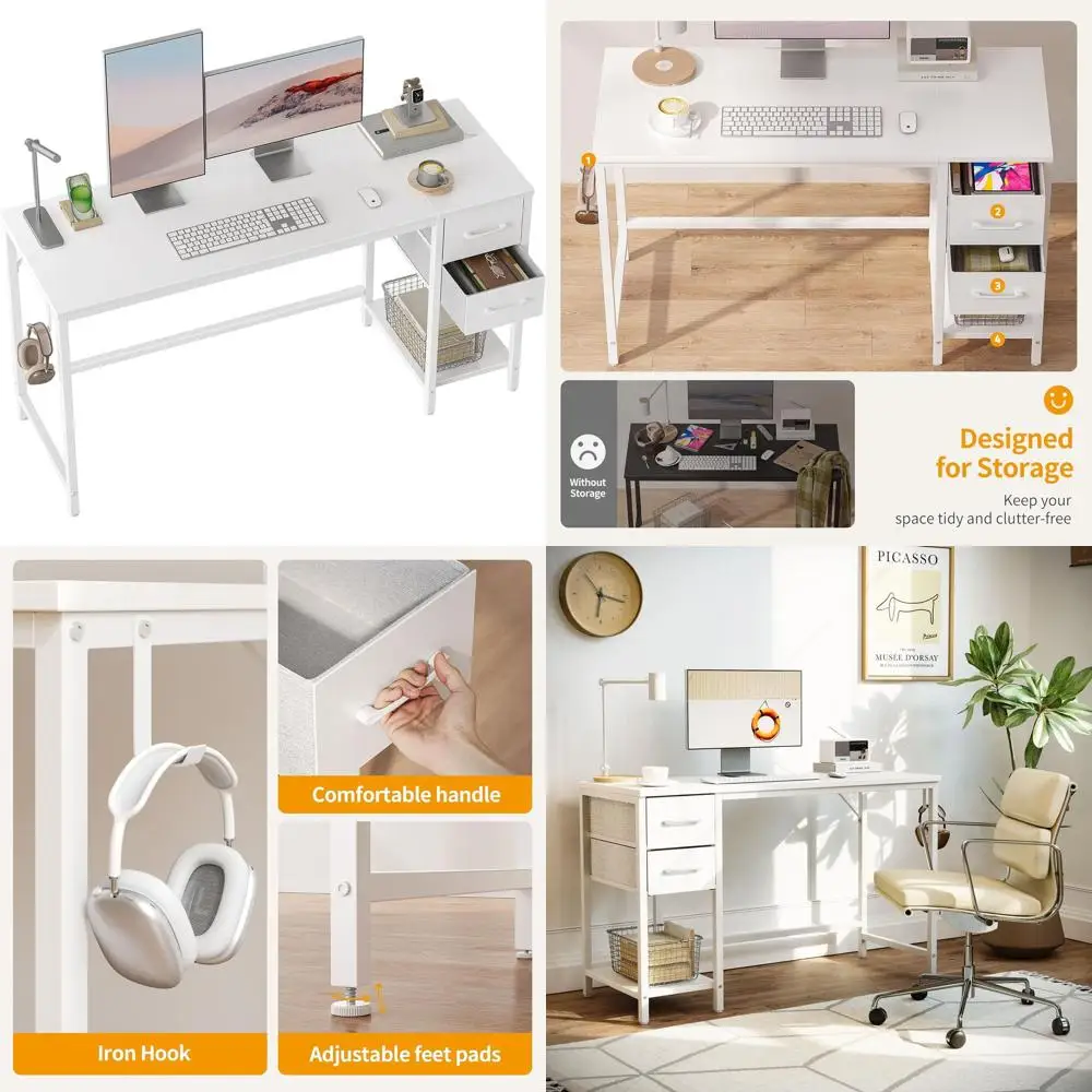 47 مكتب مكتب منزلي أبيض نقي مع درجين للدراسة والتخزين