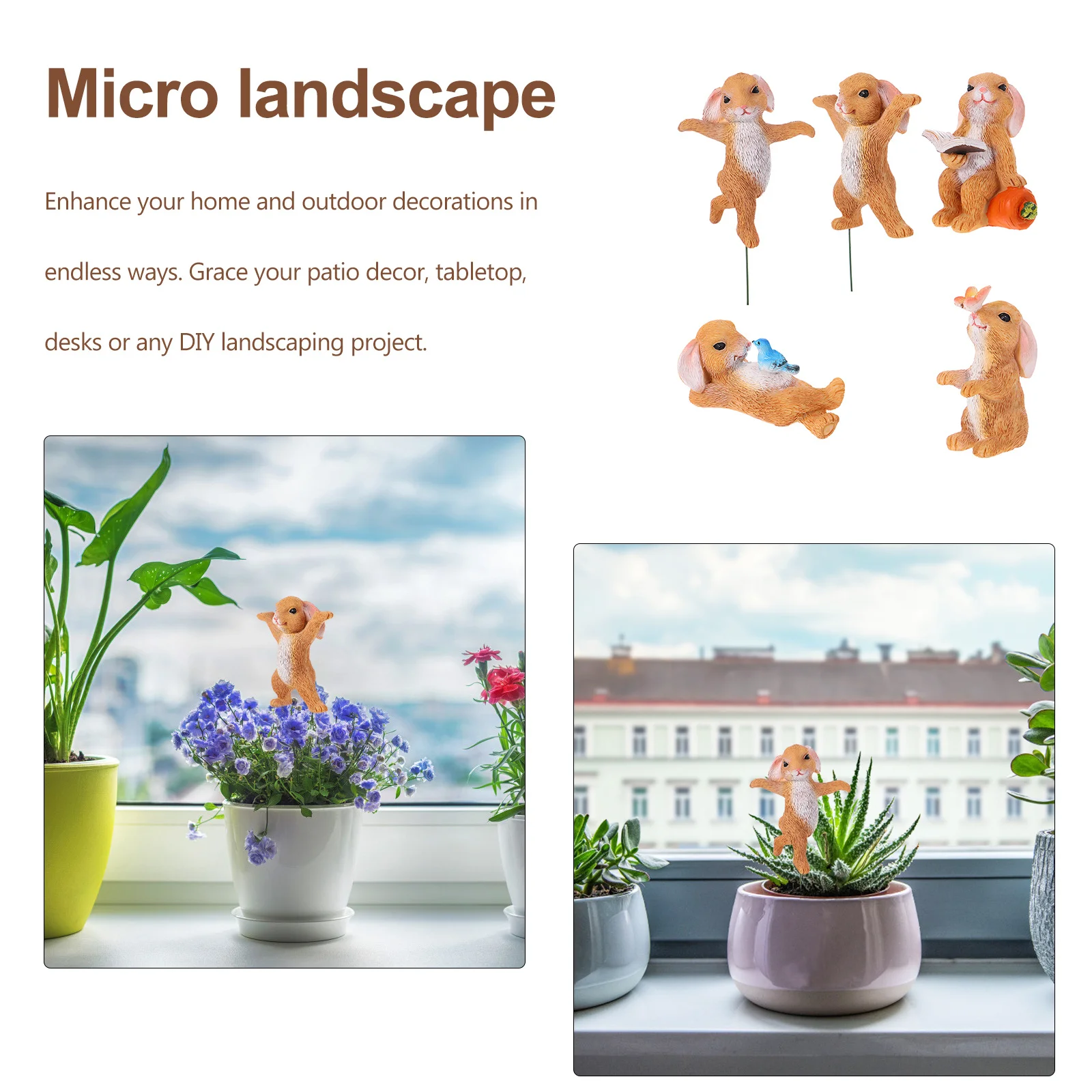 

5Pcs Miniature Resin Rabbit Ornaments Durable Bonsai Micro Landscape Decoration Home Desktop Succulent Moss Craft