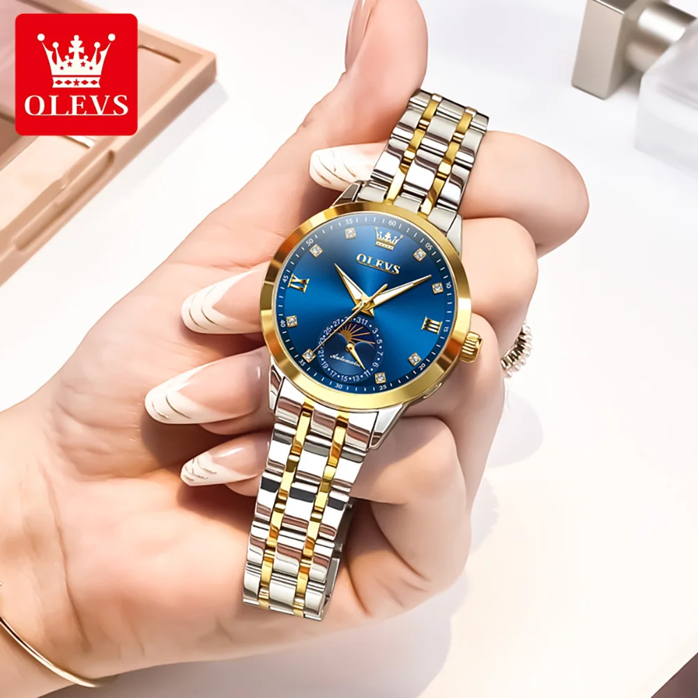 OLEVS 7041 Women's Watch Fashion Moon Phase Mechanical Watch For Women Original Calendar Waterproof Diamond Scale Wristwatch
