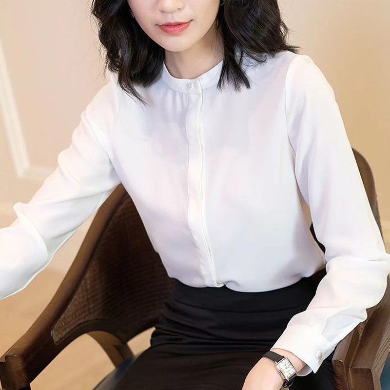 Elegant Simple Business Casual Office Lady Blue White Button Up Shirt 2023 Spring Summer Fashion Long Sleeve Blouses Tops Women