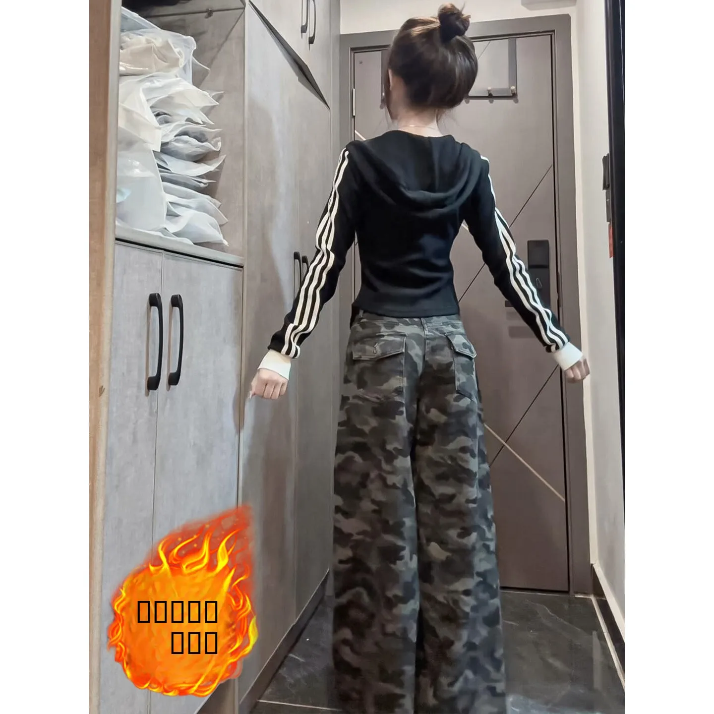 

Камуфляжные джинсовые брюки с высокой талией на подкладке, американские широкие брюки, женские свободные зимние теплые брюки, осень-зима