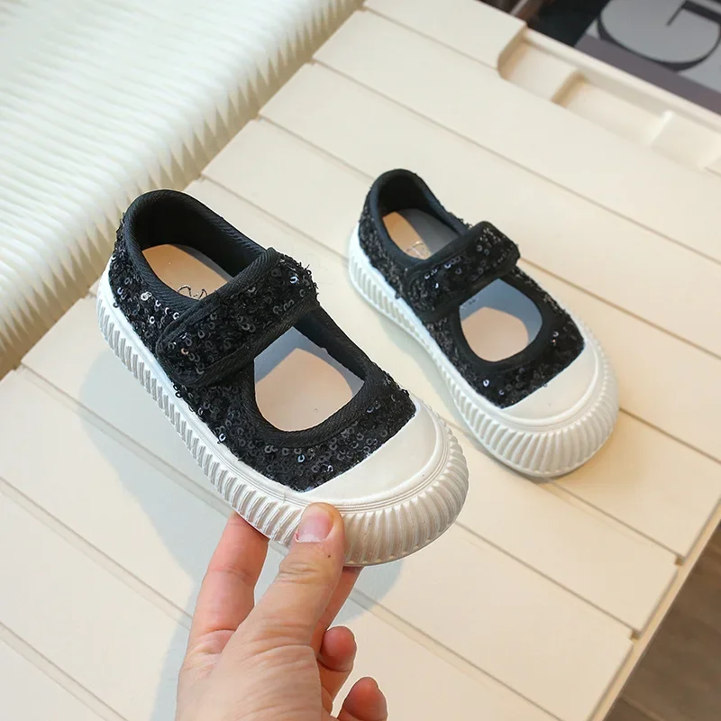 

Girls Causal Sequins Shoes 2024 New Children Thick Bottom Princess Glitter Mary Jane Shoes Fashion Kids Canvas Shoes Hook Loop