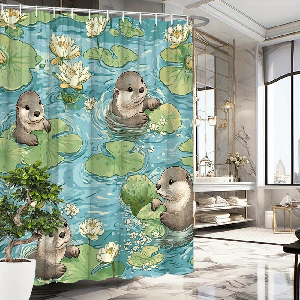Cute River Otter Family Pond Scene Shower Curtain Waterproof Bathroom Decor Novelty Print