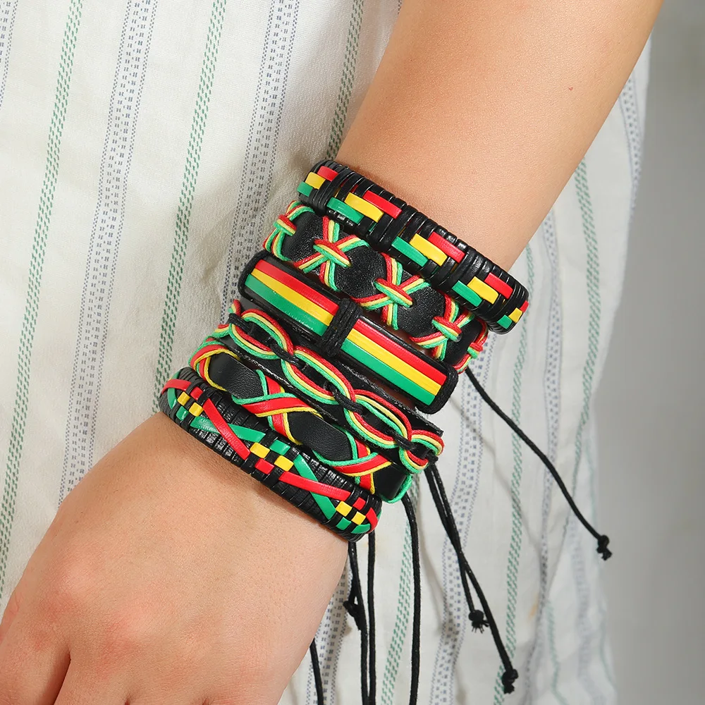 Conjunto de pulseiras de couro vintage com 10 peças, estilos mistos, tecidos à mão para homens e mulheres, pulseira ajustável, joias da moda jamaica