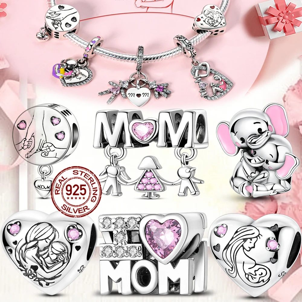 Mother's Day Pink Love Heart Family Charms Original 925 Sterling Silver Charm Beads Pendants Fit Bracelet Women Jewelry Gifts