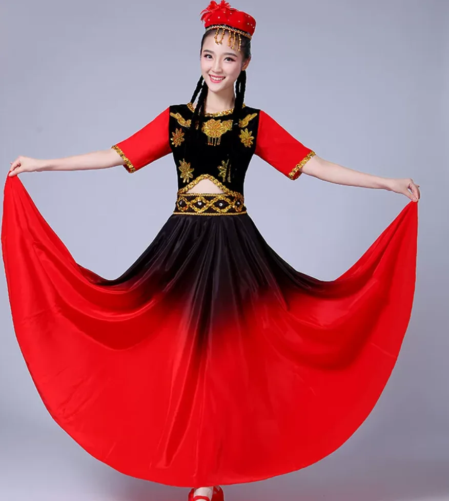1set/lot woman ethnic dancing red costumes female xinjiang dancing clothing chinese folk dance