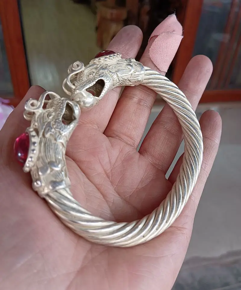 Ancient Sort Tibet Silver Bangle Dragon Head Bracelet Amulet Bless Ornament Talisman