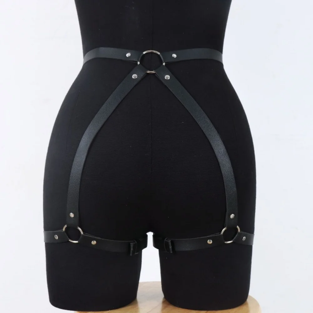 Dark Gothic Punk PU Body Harness - Adjustable Length Belt & Garter Set, Edgy Girl Statement Accessory for Halloween & Parties