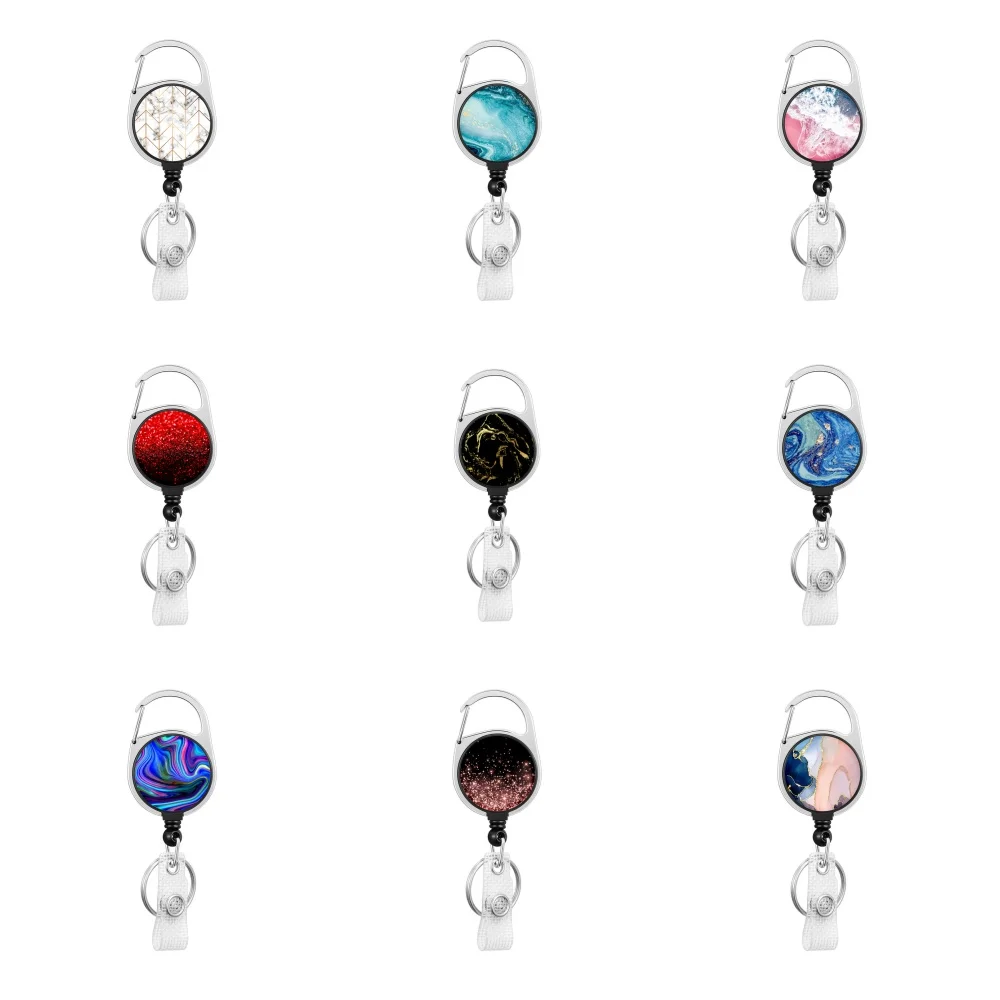 Hot selling circular Marble pattern Easy disassemble Zinc alloy badge automatic scroll easy pull buckle keychain H1205