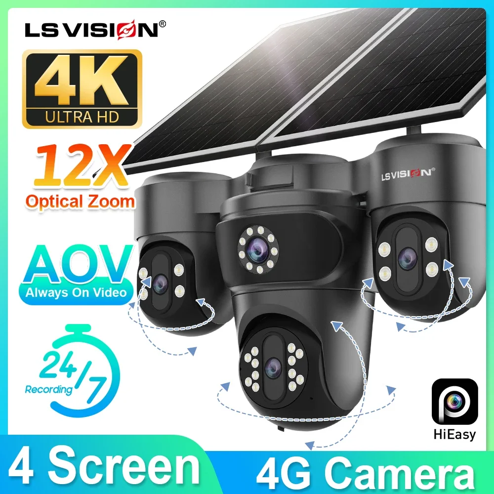 

LS VISION 4-lens Four-Screen AOV Outdoor Surveillance Camera 4G Security Cctv With APP Control 3-PTZ lens AI 12X Zoom Tracking