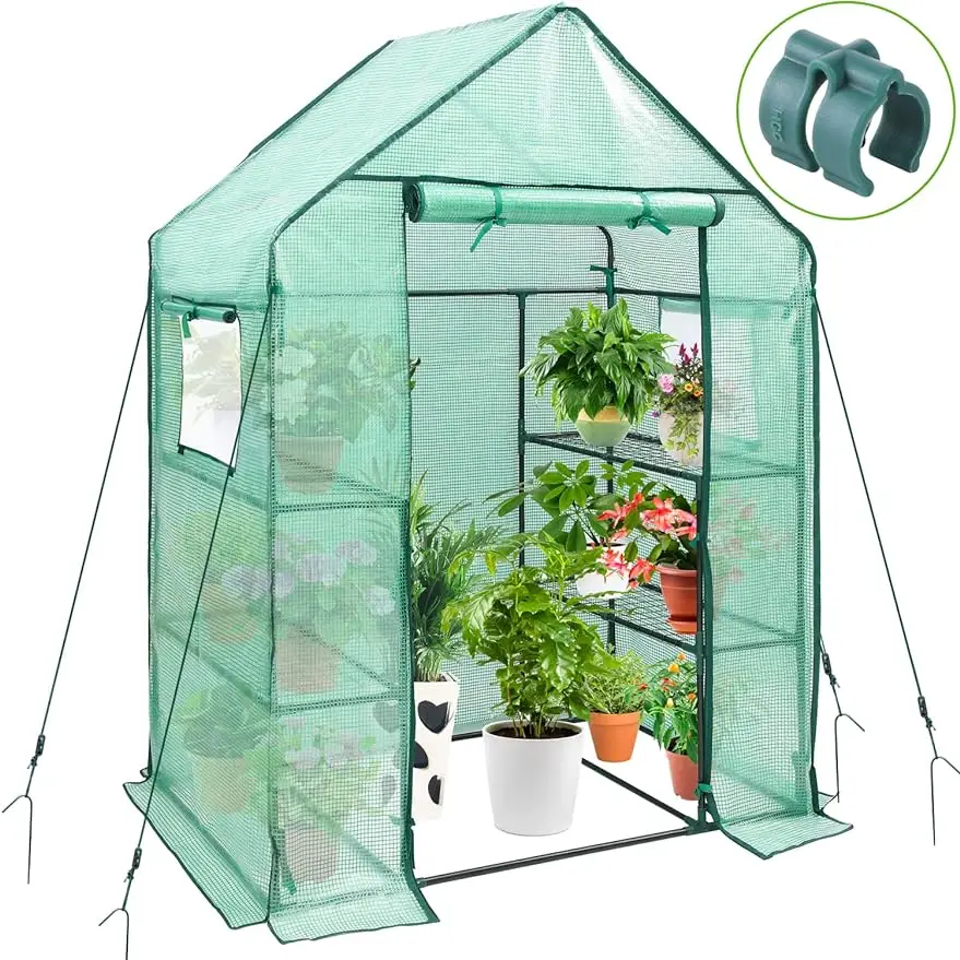 

4.8x2.5x6.4 FT Greenhouse for Outdoors w/ Mesh Side Windows, 3 Tiers 4 Shelves Small Walk-In Portable Warm House Plant Stands