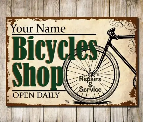 Personalised Bicycle Shop, Repair Rental, Bike Sign Wall Decor Metal Plaque