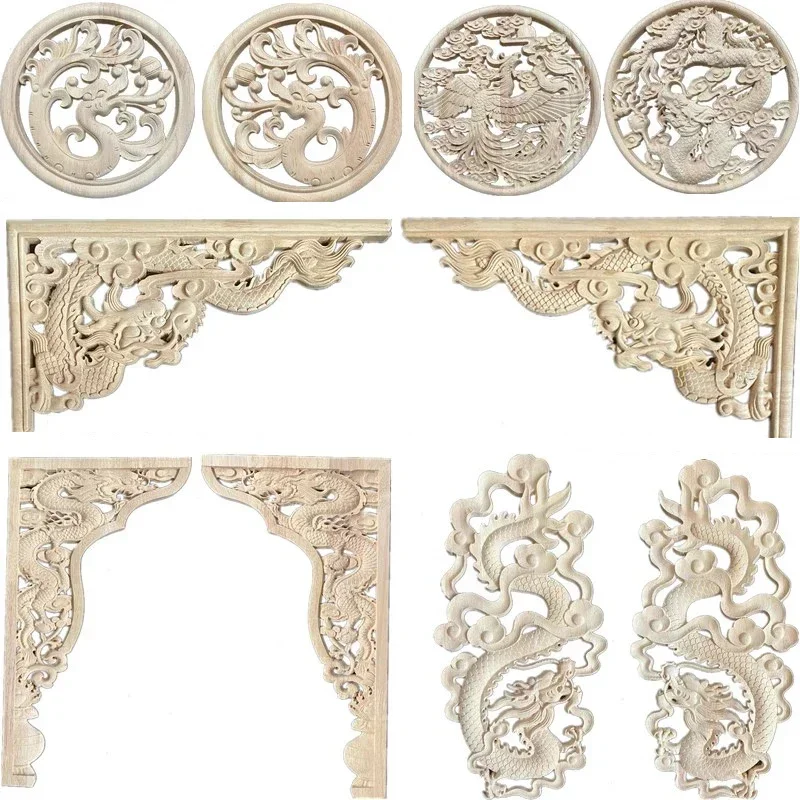 2PCS Round Chinese Dragon Wood Carving Applique Antique Onlays Mouldings Vintage Floral Wooden Figurines Furniture Decoration