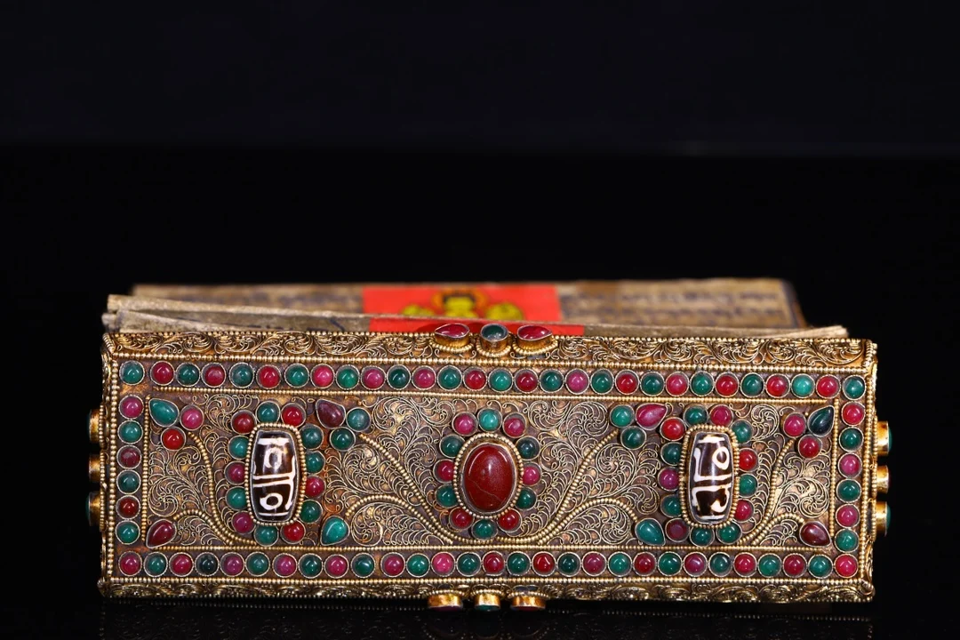 

9"Tibetan Temple Collection Old Scriptures Tibetan Silver Painted Gem gZi Beads Buddhist scriptures books chanting Worship Hall