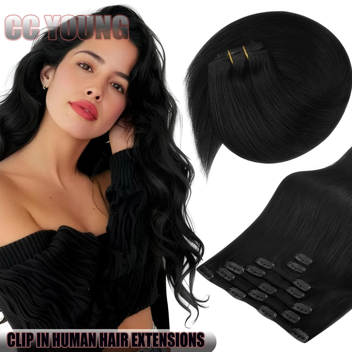 

Черные прямые заколки для наращивания человеческих волос, 7 шт., настоящие наращивание волос Remy для женщин, добавление длины и объема волос