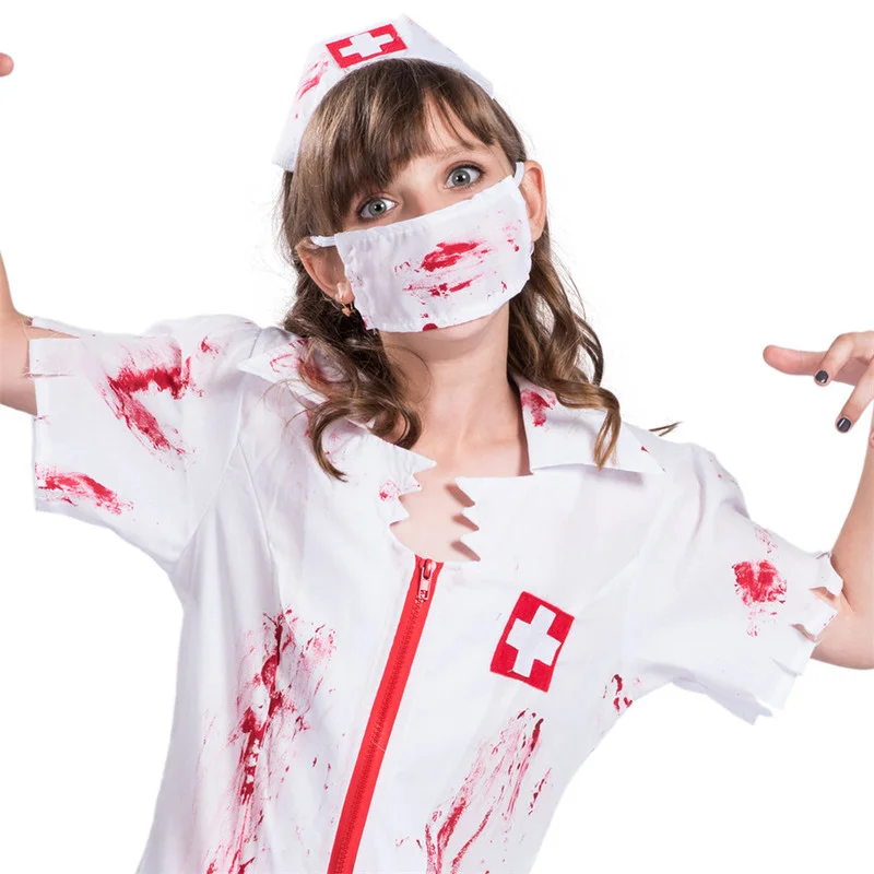 2022 Girl Horror Blood Print Nurse Cosplay Costumes Girls Zombie Halloween Dresses Mask Carnival Easter Purim Fancy Dress