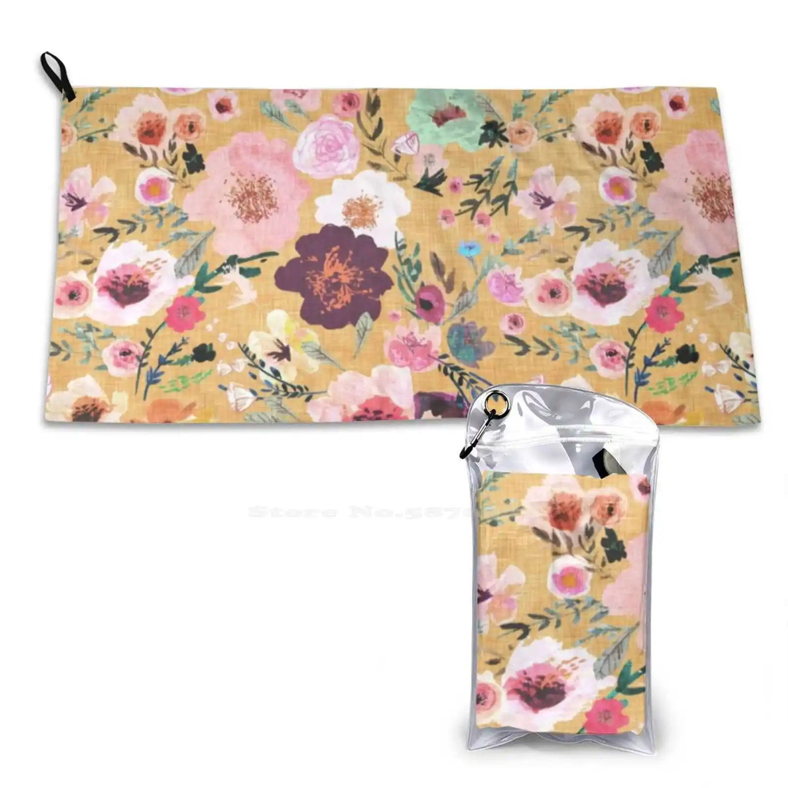 Burst Into Bloom ( Mustard Gold ) Soft Towel Quick Dry Beach Towel Boho Bohemian Blossom Nature Garden Vintage Floral Mustard