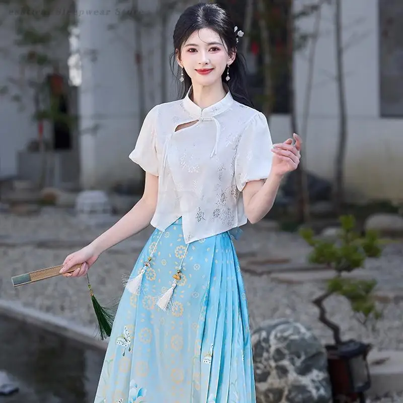 Vintage traditionelle Kleidung Hanfu klassische elegante Jacquard Pferd Gesicht Rock weiß Tops chinesischen Stil Cosplay Kostüm Tang-Anzug