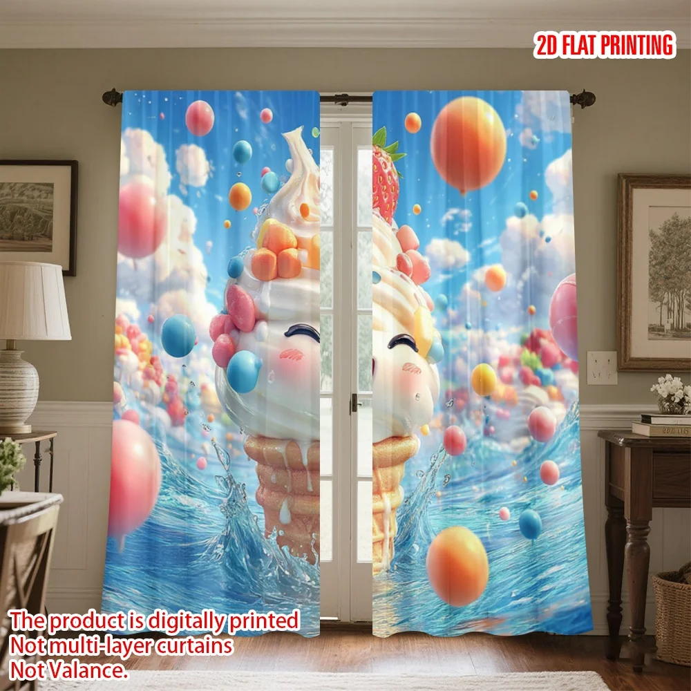 Cute Ice Cream Curtains 3D Sweet Summer Candy Window Drapes Blue Ocean Bubble Decor Blackout Fabric for Kids Bedroom Living Room