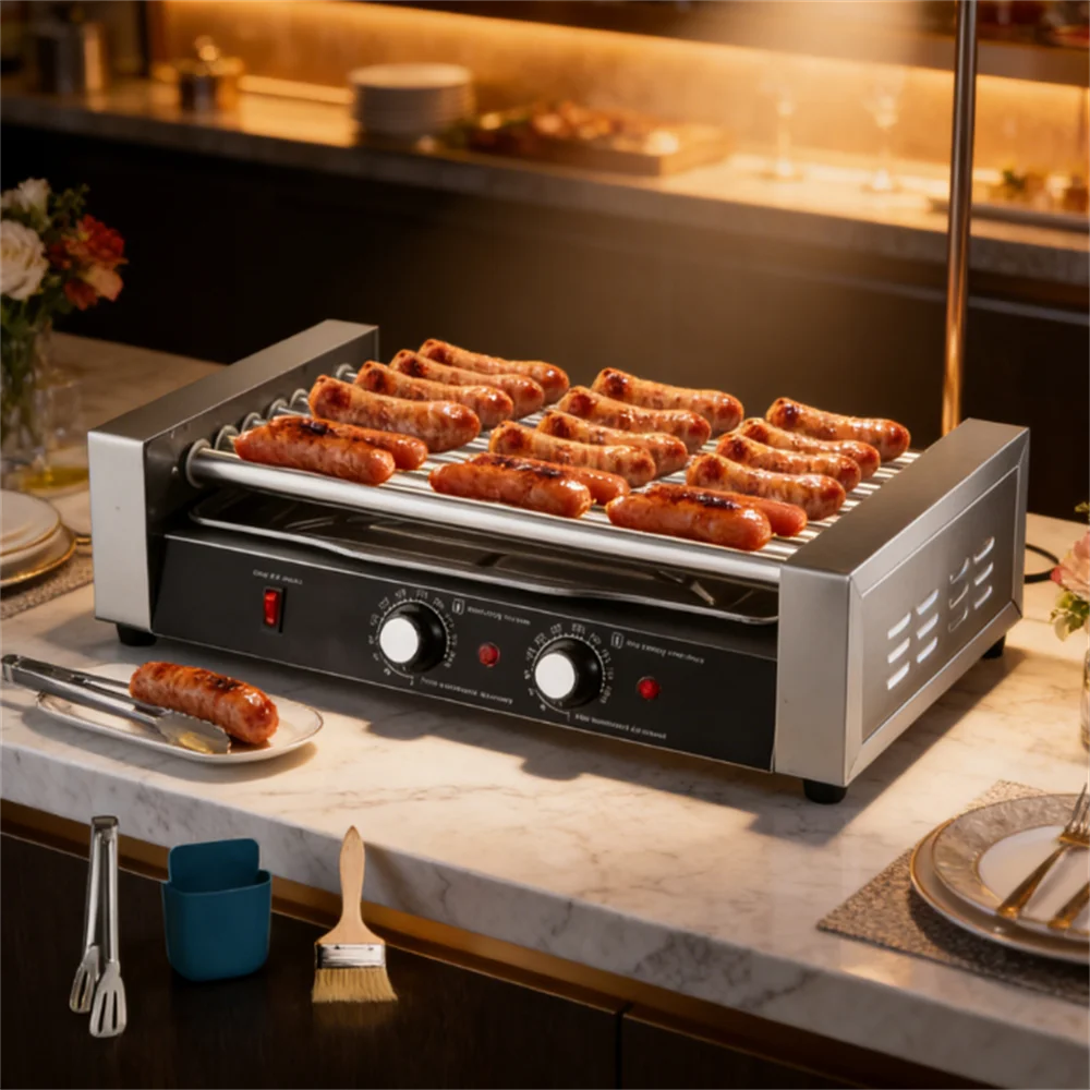 Hot Dog Machine | Sausage Drum Sausage Barbecue Stove with Removable Drip Pan, Kitchen Dual Temperature Control