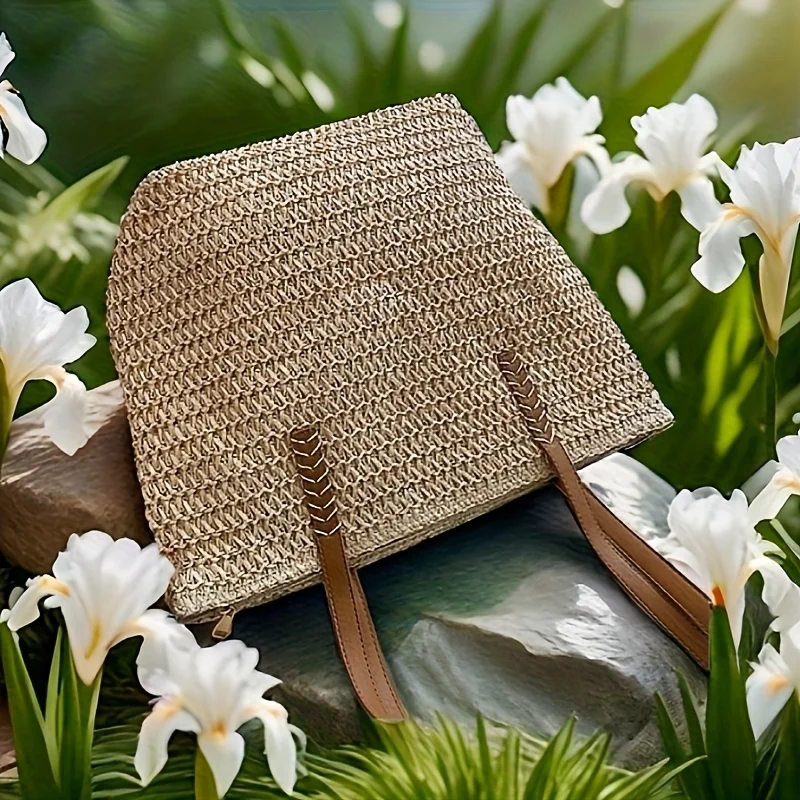 Modische und vielseitige gewebte Damentasche mit Reißverschluss für Reisen, Strandtasche mit großem Fassungsvermögen, Handtasche – Detail 8
