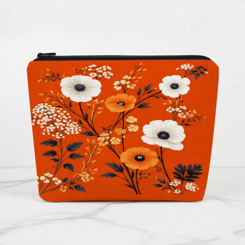 Floral Pattern With White And Orange Flowers Makeup Bags for Girls Cosmetic Pouch Toiletry Bag Pencil Case Travel Storage