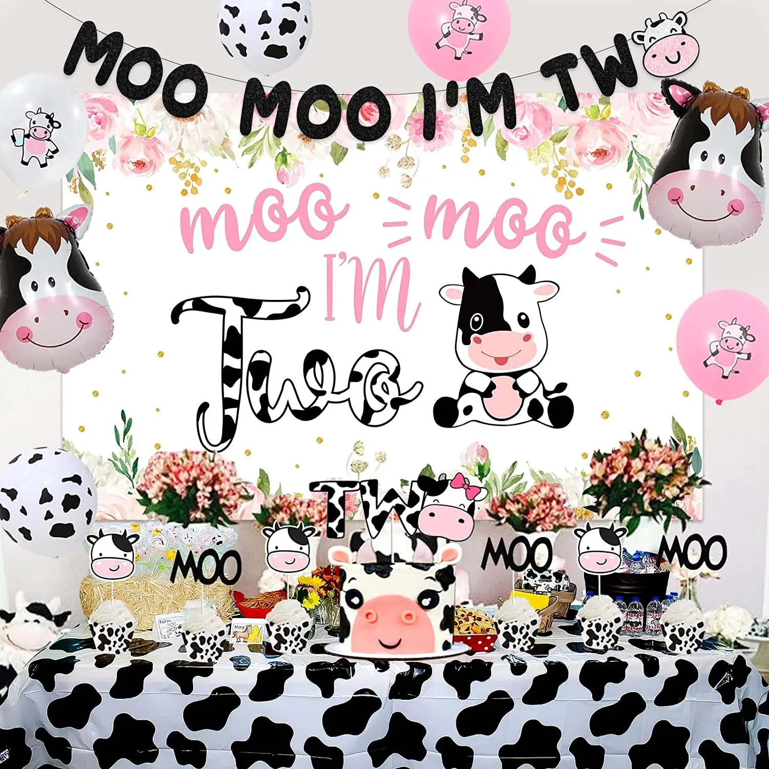 Imagem -06 - Decorações de Aniversário de Vaca para Menina Moo eu Sou Dois Banner Backdrop Balão de Vaca Pink Farm Animal Second Birthday Party Decor