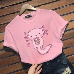 Women's New Cute Kawaii Axolotl Graphic Printed T-Shirt Casual Outdoor Cute Round Neck Short Sleeve Shirt Y2K Tops