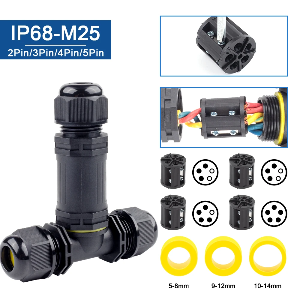 1PCS T-Type 2/3/4/5Pin For 0.5-2.5mm² Electrical Terminals Adapter 3Way IP68 Waterproof Junction Box Wire Connectors LED Light