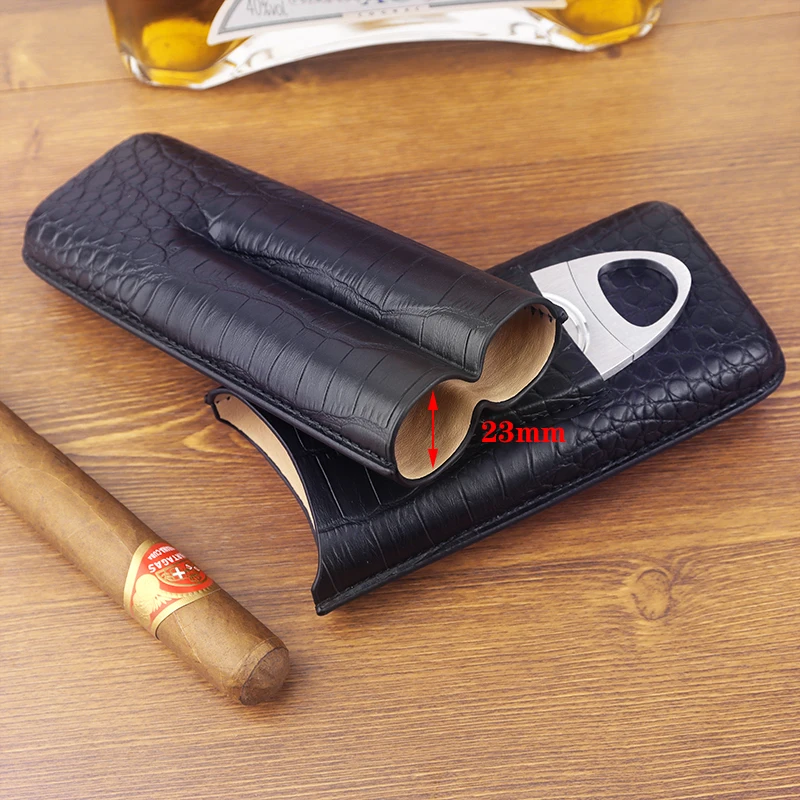 Leather Cigar Case 2 Tubes Travel Portable Cigars Holder Sharp Cutter Carrying Humidor Cigar Accessories Gift for Boyfriend