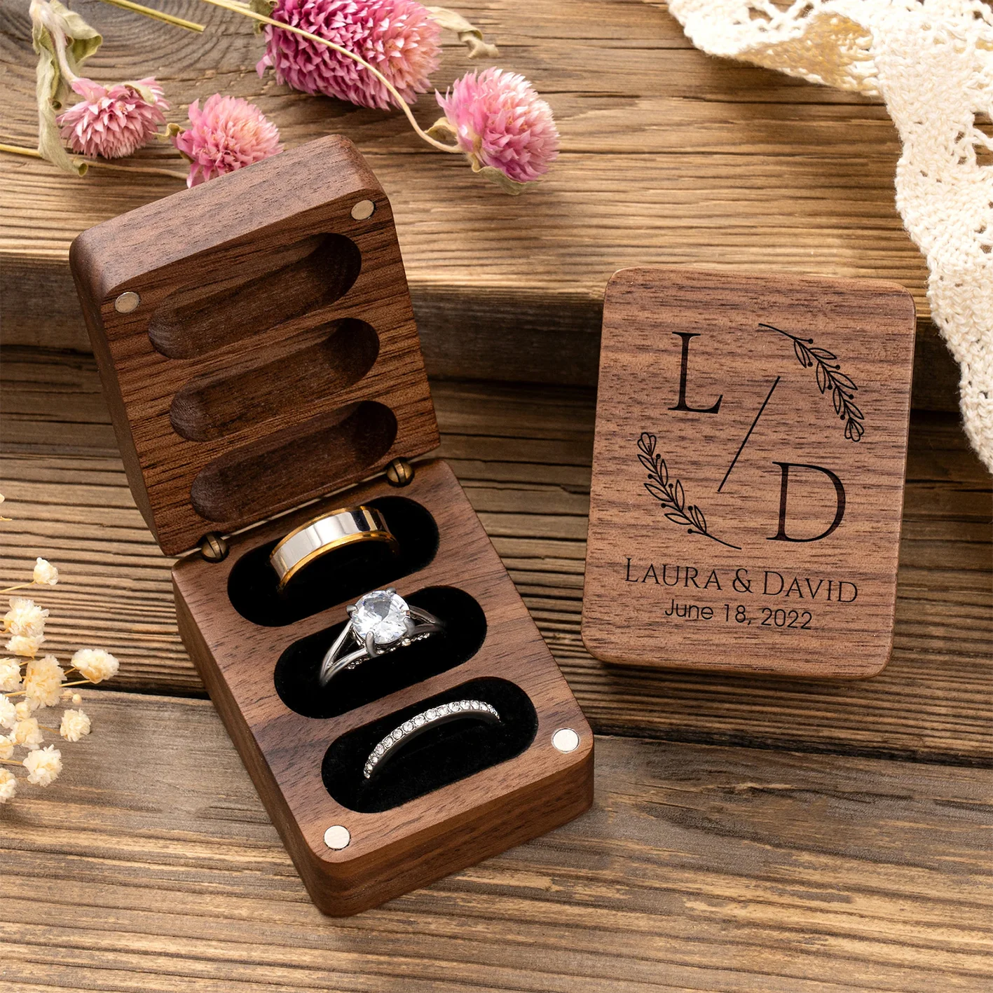 

Personalized Wedding Ring Box Proposal Ring Holder,Wooden Ring Box,Engraved Ring Box for 3 Rings,Engagement Box
