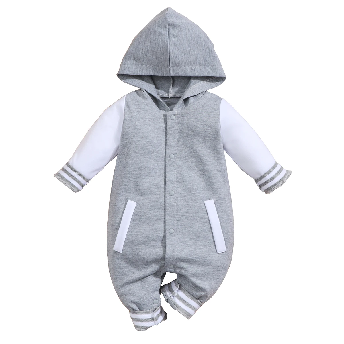 IURNXB Newborn Baby Romper Boys Girls Long Sleeve Colorblock Infant Hooded Outfit Clothes Button Jumpsuits Winter Fall 0-18M